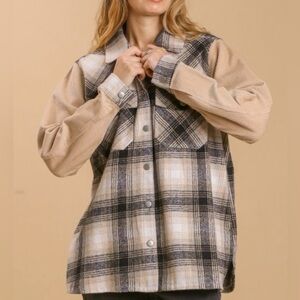 NWT Umgee Women’s Plus Corduroy Shacket/Jacket Black and Cream Plaid Size 1XL